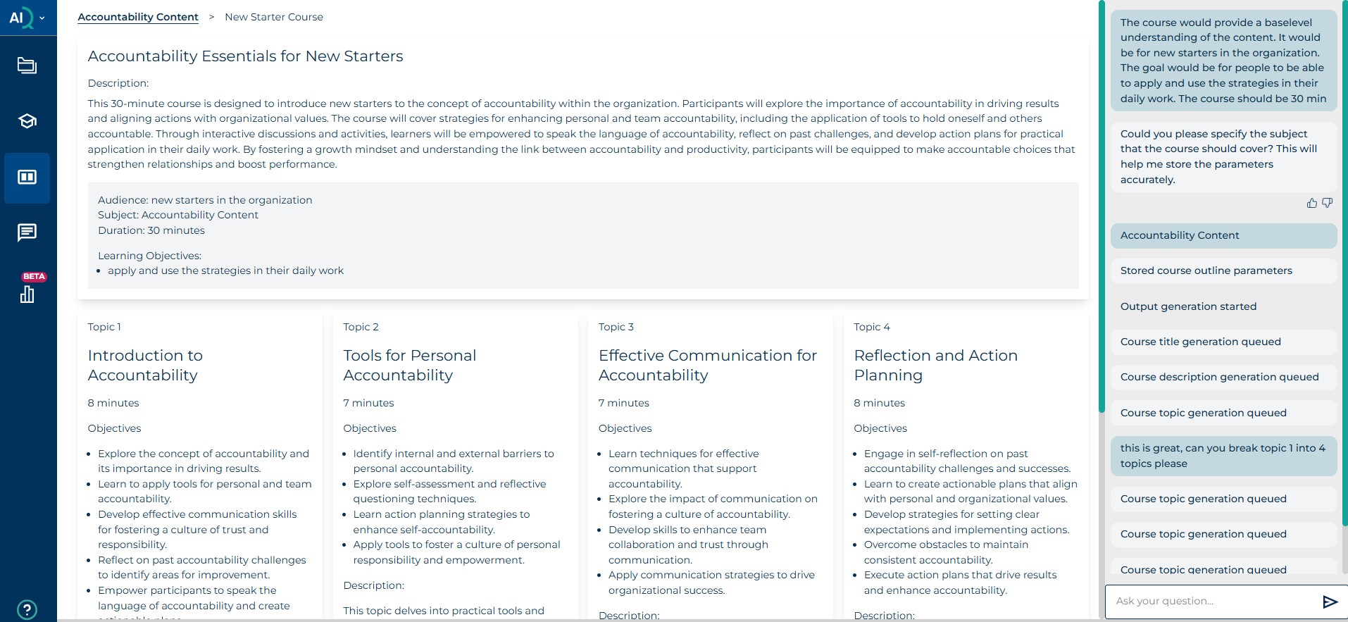 An example of the AI course creator Learning Content AIQ creating a course outline for accountability. It includes multiple topics with learning objectives and descriptions as a starting point.