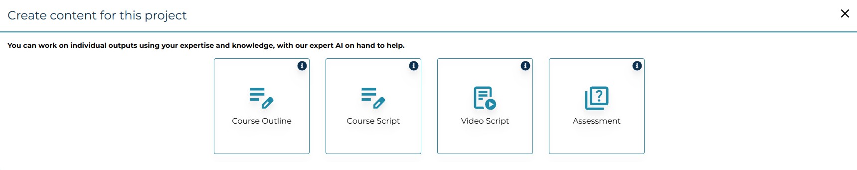 An example of the AI course creator Learning Content AIQ beginning options to create content, including course outlines, course scripts, video scripts, and assessments.