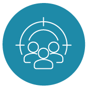 Three people with bullseye icon in aqua coloured circle