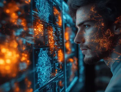 A man works at a digital screen, looking at multiple AI tools and the agentic AI that powers them.